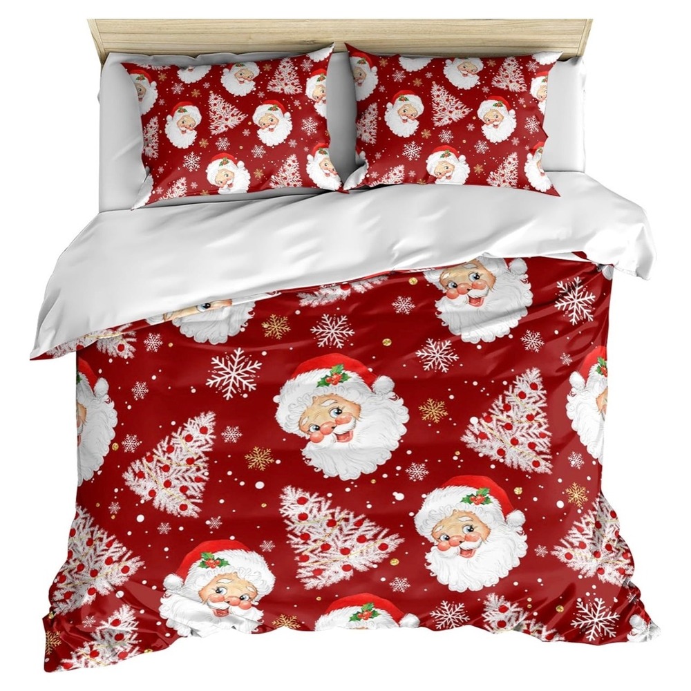 Christmas Santa‎ Claus Snowflakes Trees Queen Duvet Cover Set Bedding Red